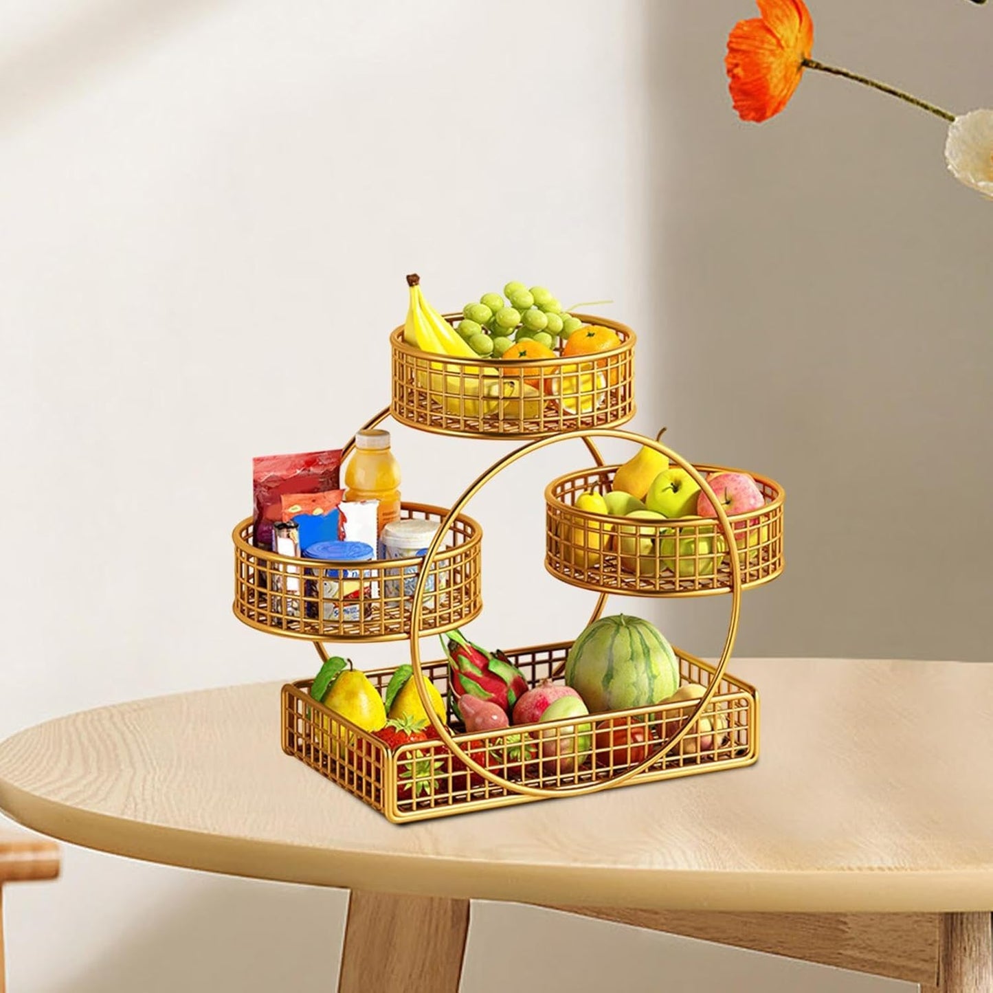Tiered Fruit Basket Iron Mesh Kitchen Countertop Rack for Potato Snack Bread Golden