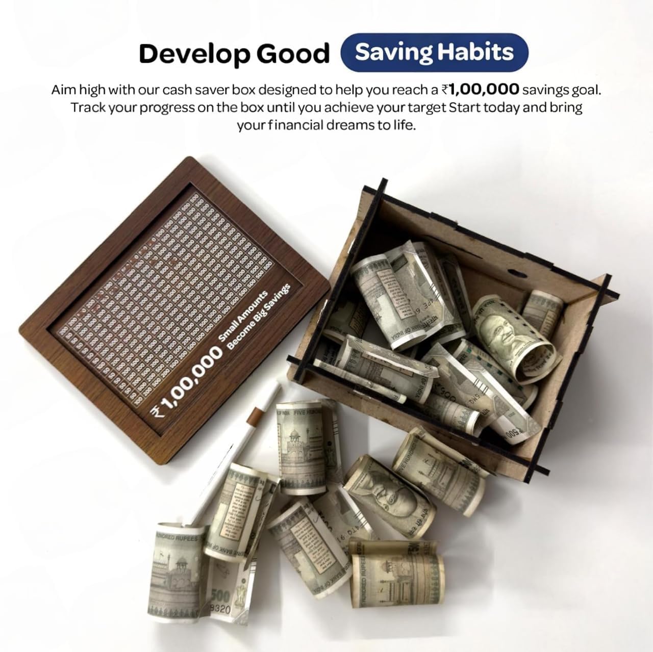 Wooden Money Savings Box, Coin Bank with Savings Tracker, Dark Brown