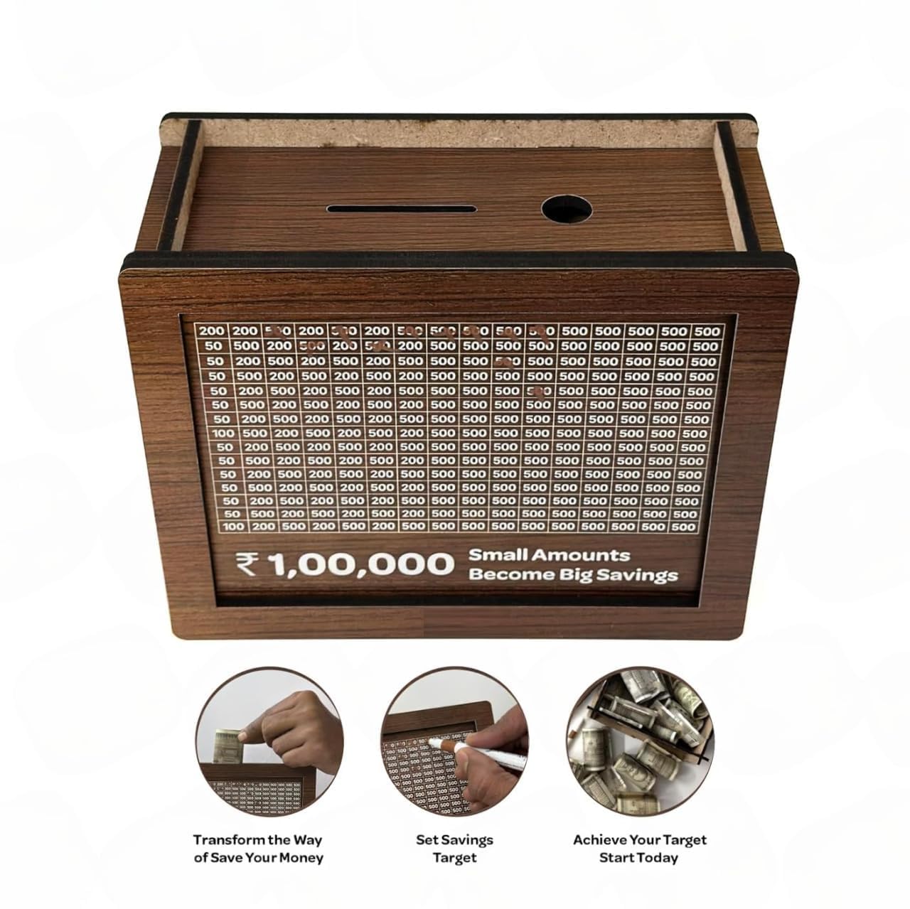 Wooden Money Savings Box, Coin Bank with Savings Tracker, Dark Brown