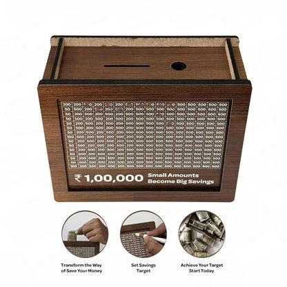 Wooden Money Savings Box, Coin Bank with Savings Tracker, Dark Brown