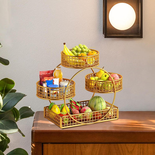 Tiered Fruit Basket Iron Mesh Kitchen Countertop Rack for Potato Snack Bread Golden