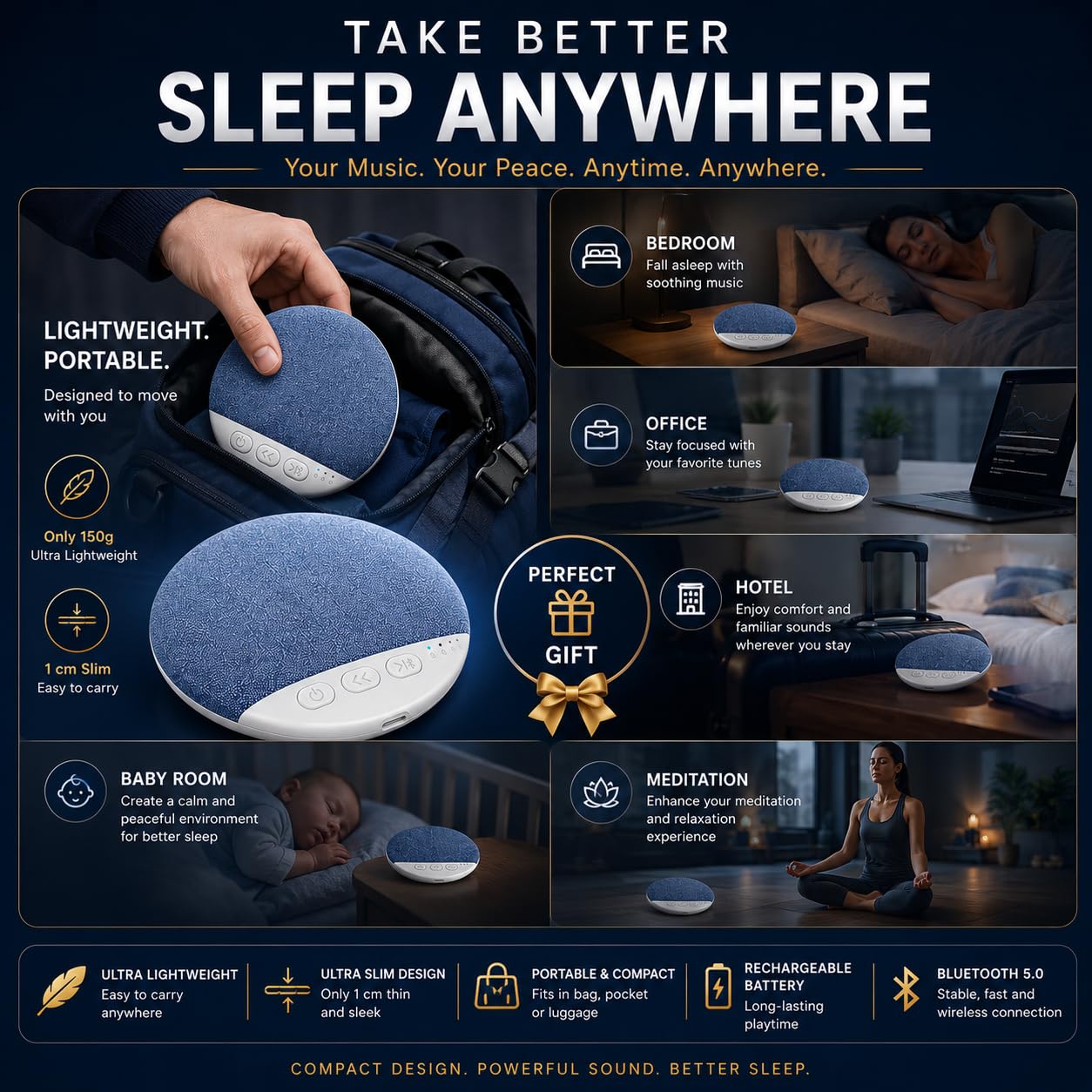 Bluetooth Pillow Speaker for Sleeping,Ultra-Thin Under Pillow Speaker with White,Pink Noise