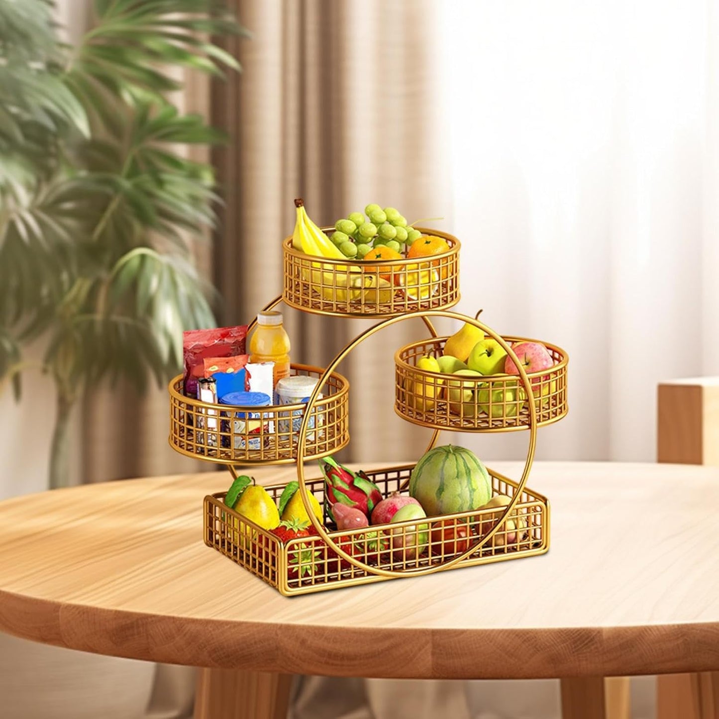 Tiered Fruit Basket Iron Mesh Kitchen Countertop Rack for Potato Snack Bread Golden