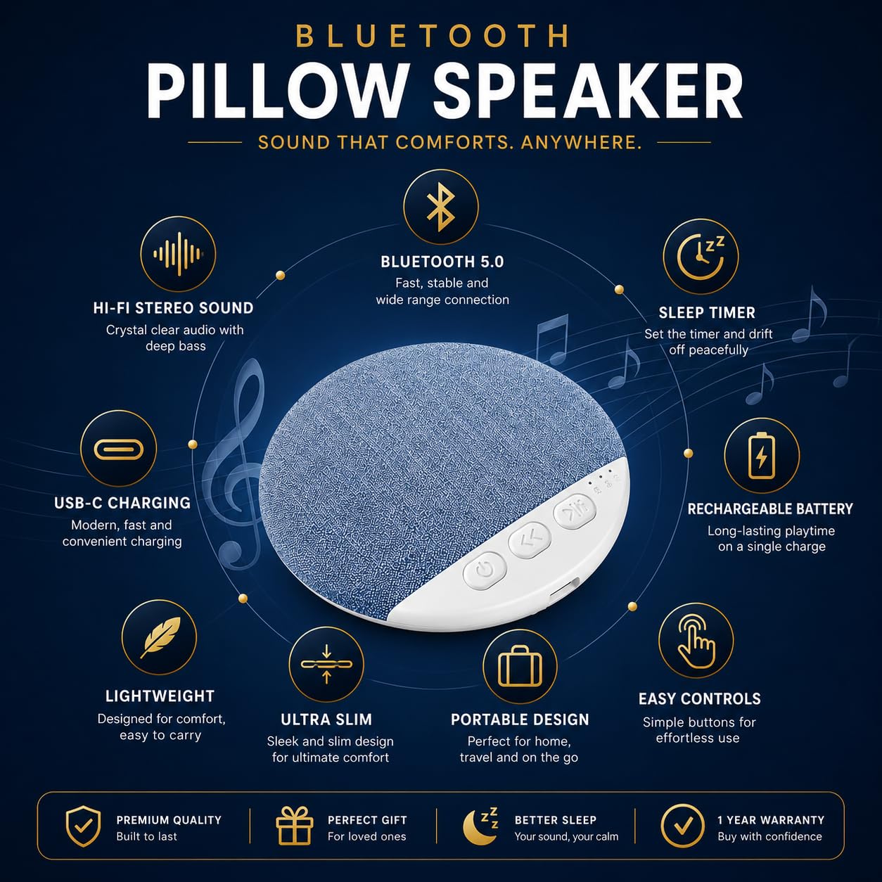 Bluetooth Pillow Speaker for Sleeping,Ultra-Thin Under Pillow Speaker with White,Pink Noise