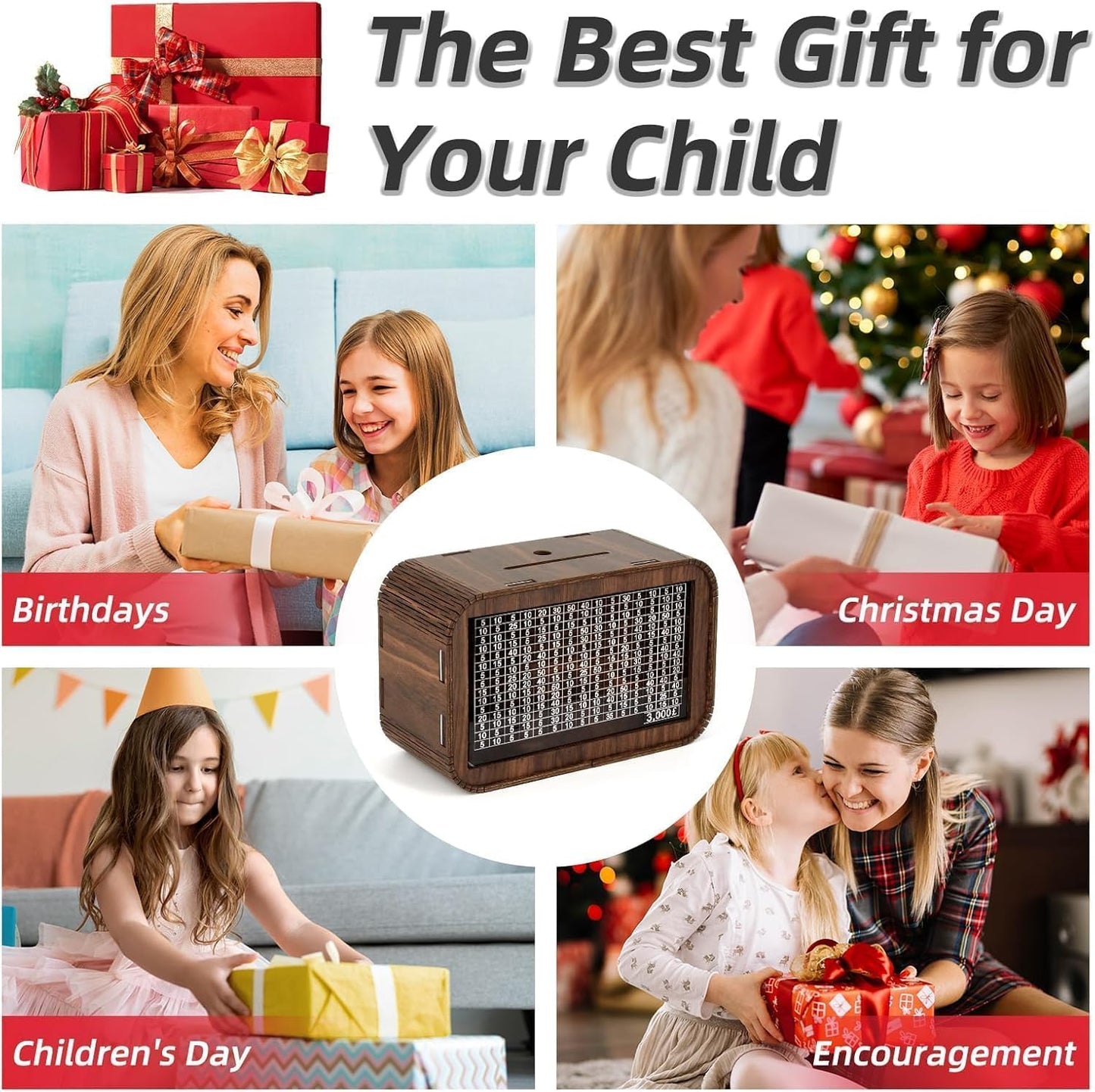 Wooden Money Savings Box, Coin Bank with Savings Tracker, Dark Brown