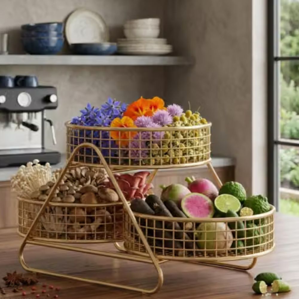Luxury 3-Tier Gold Metal Fruit & Vegetable Basket |